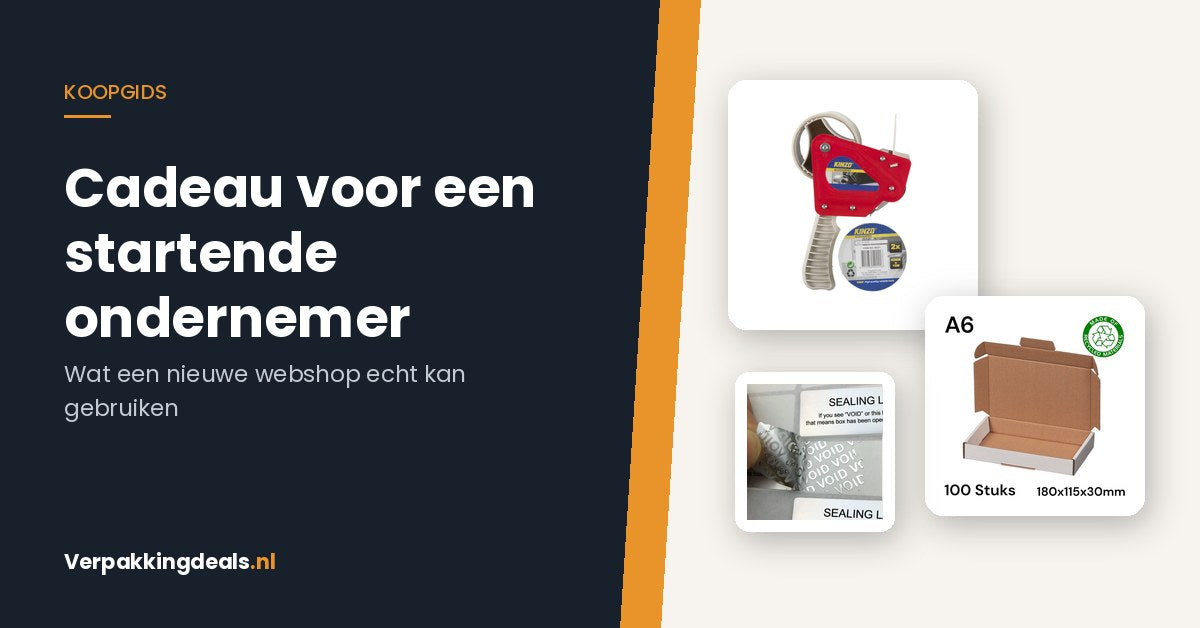 Tapedispenser, brievenbusdoos en VOID-veiligheidszegels als cadeau voor een startende ondernemer