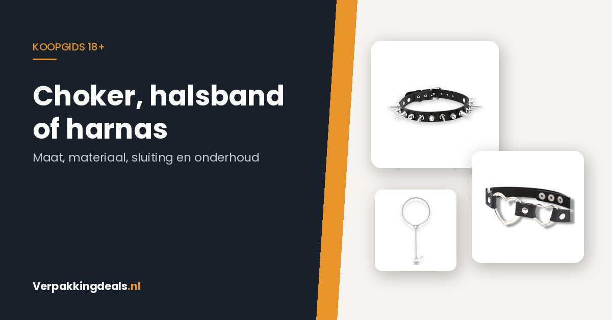 Drie chokers van leer en metaal naast de tekst Choker, halsband of harnas