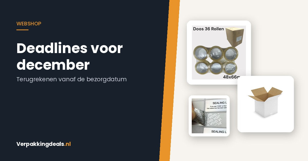 Doos met taperollen, kartonnen verzenddoos en VOID-zegels bij het thema verzenddeadlines voor december