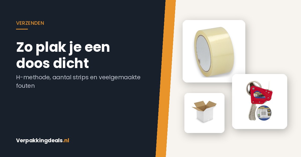 Rol verpakkingstape, tapedispenser en een witte kartonnen verzenddoos naast de titel 'Zo plak je een doos dicht'