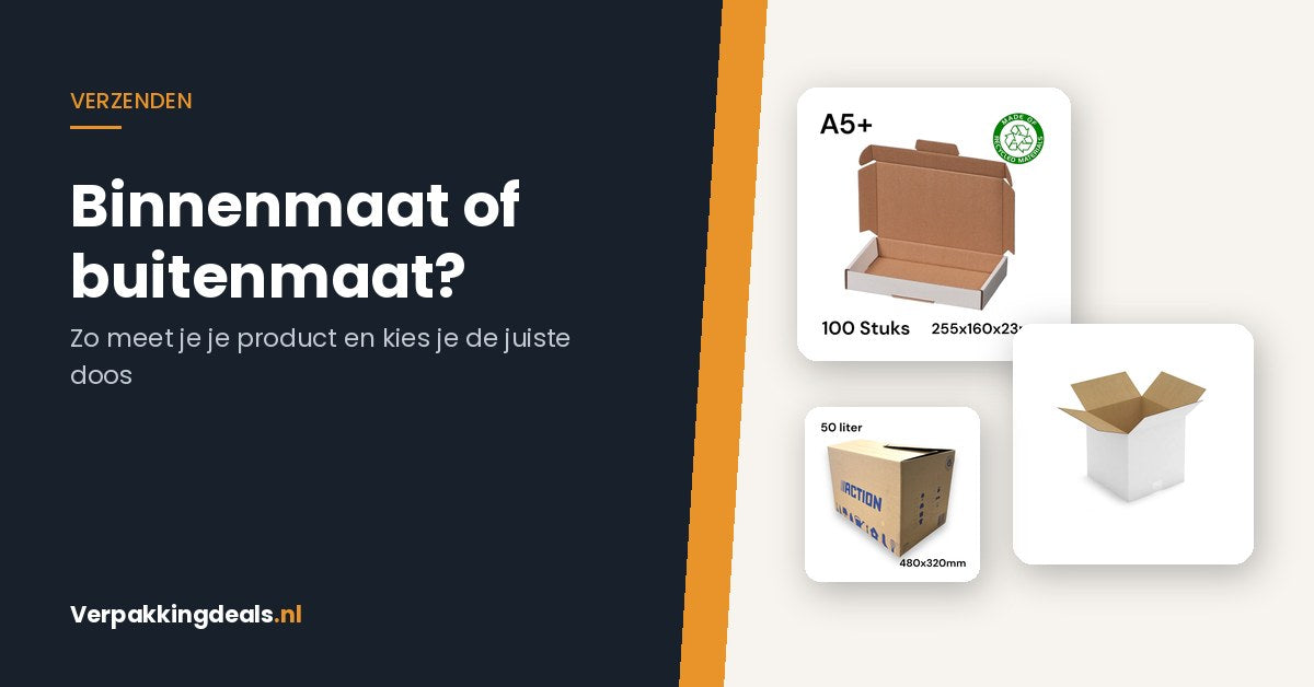 Kartonnen brievenbusdoos, verzenddoos en verhuisdoos naast elkaar met de tekst Binnenmaat of buitenmaat