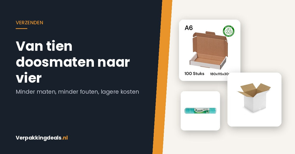 Brievenbusdoos, witte kartonnen verzenddoos en een rol noppenfolie naast de titel Van tien doosmaten naar vier