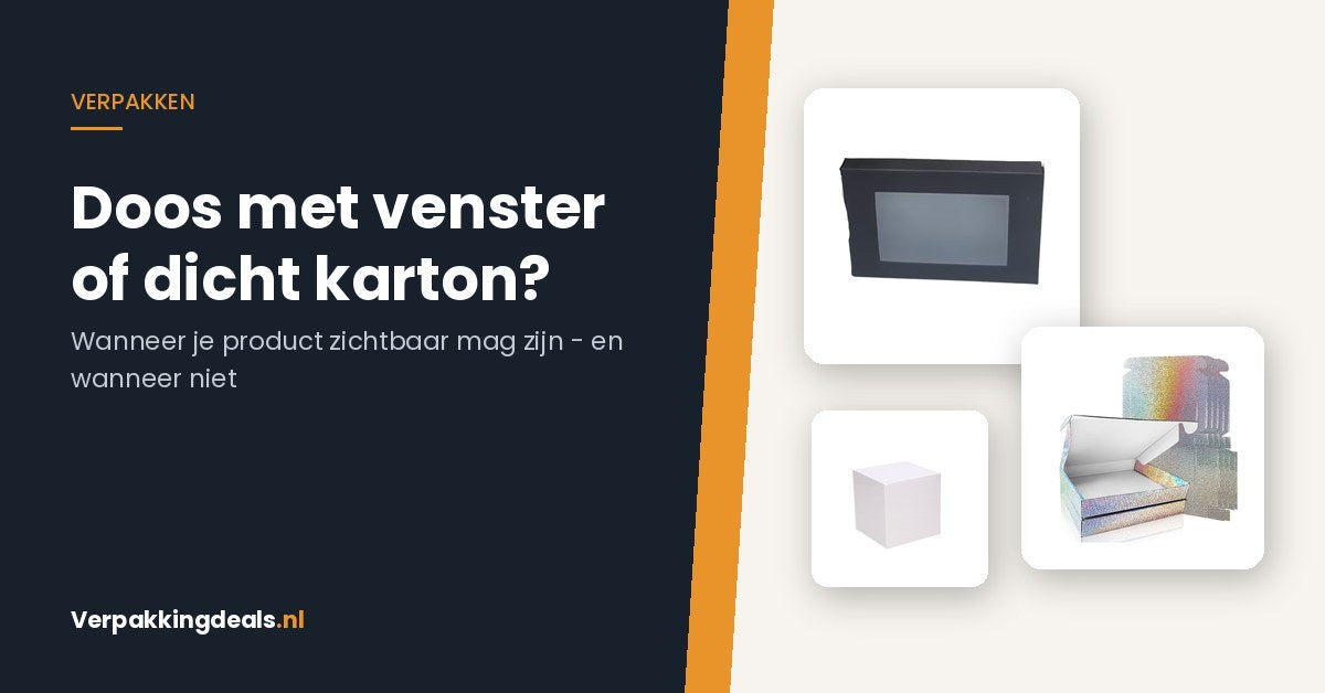 Cadeaudoos met venster, holografische verzenddoos en witte kubusdoos naast elkaar