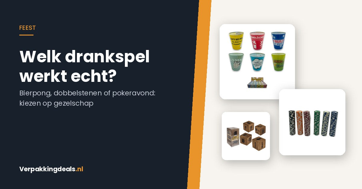 Shotglaasjes, pokerfiches en houten dobbelstenen op een rij