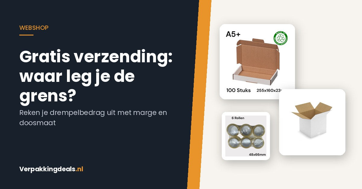 Brievenbusdoos, witte verzenddoos en tape rollen voor het berekenen van een drempelbedrag voor gratis verzending