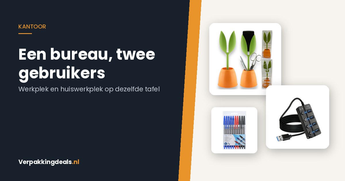 Bureau organizer, USB-hub en balpennen voor een werkplek die gedeeld wordt