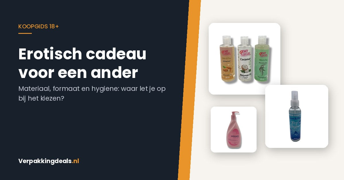 Flacons massageolie, toy cleaner en intieme wasgel bij een koopgids over een erotisch cadeau voor iemand anders