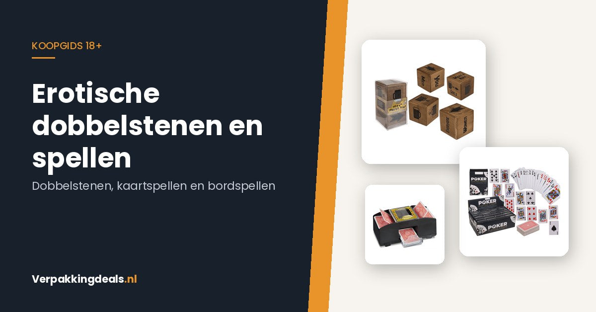 Dobbelstenen, speelkaarten en een kaartenschudder naast de titel Erotische dobbelstenen en spellen