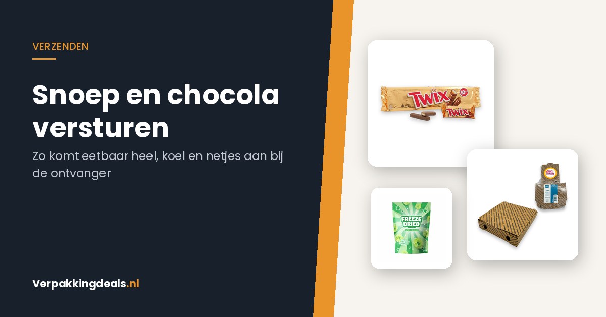 Chocoladerepen, mini pizzadozen en gevriesdroogde appelringen voor het versturen van etenswaren per post