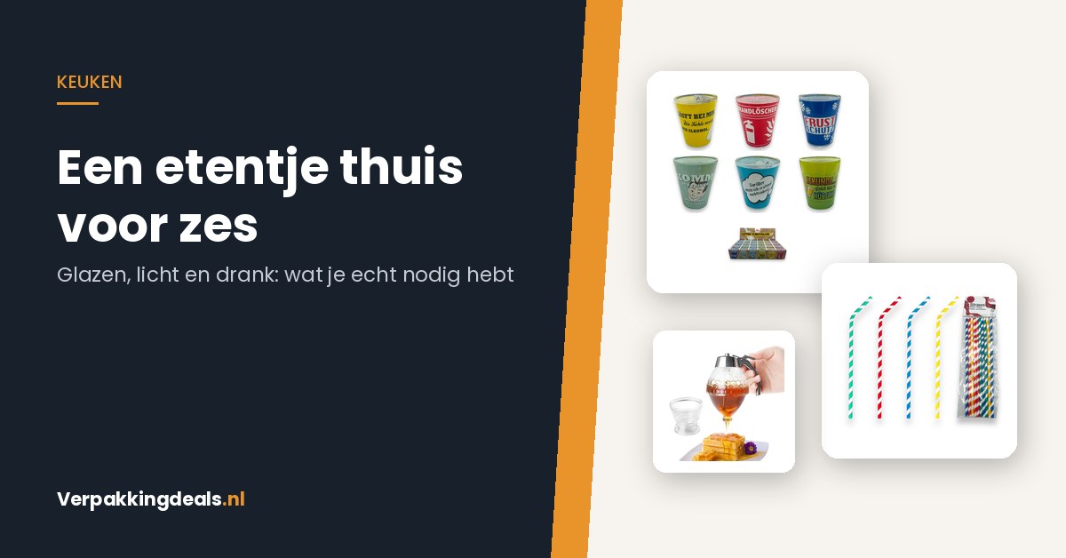 Spullen voor een etentje thuis: shotglaasjes, papieren rietjes en een schenkdispenser