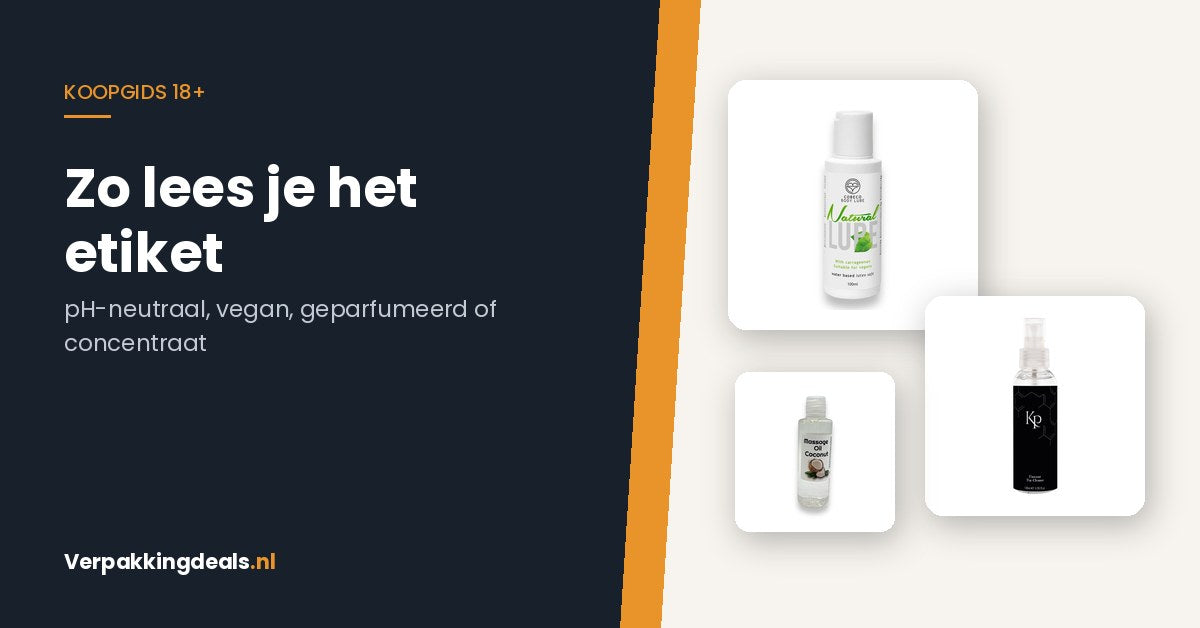 Flacons glijmiddel, toycleaner en massageolie met etiketten naast elkaar