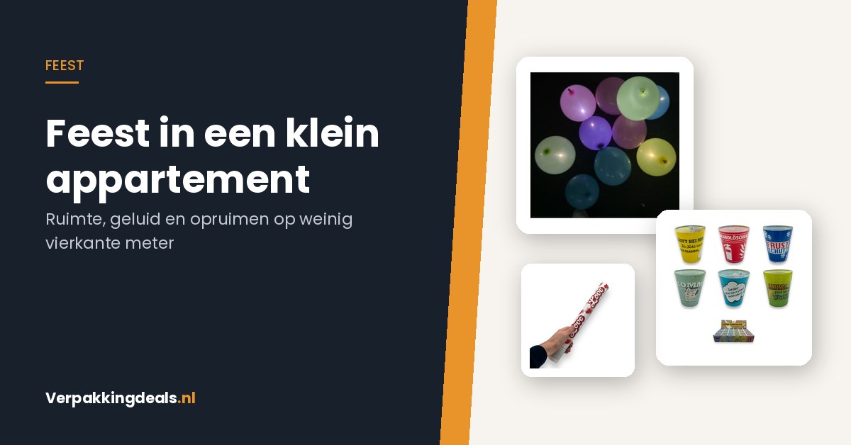LED-ballonnen, shotglaasjes en een confettikanon naast de titel Feest in een klein appartement