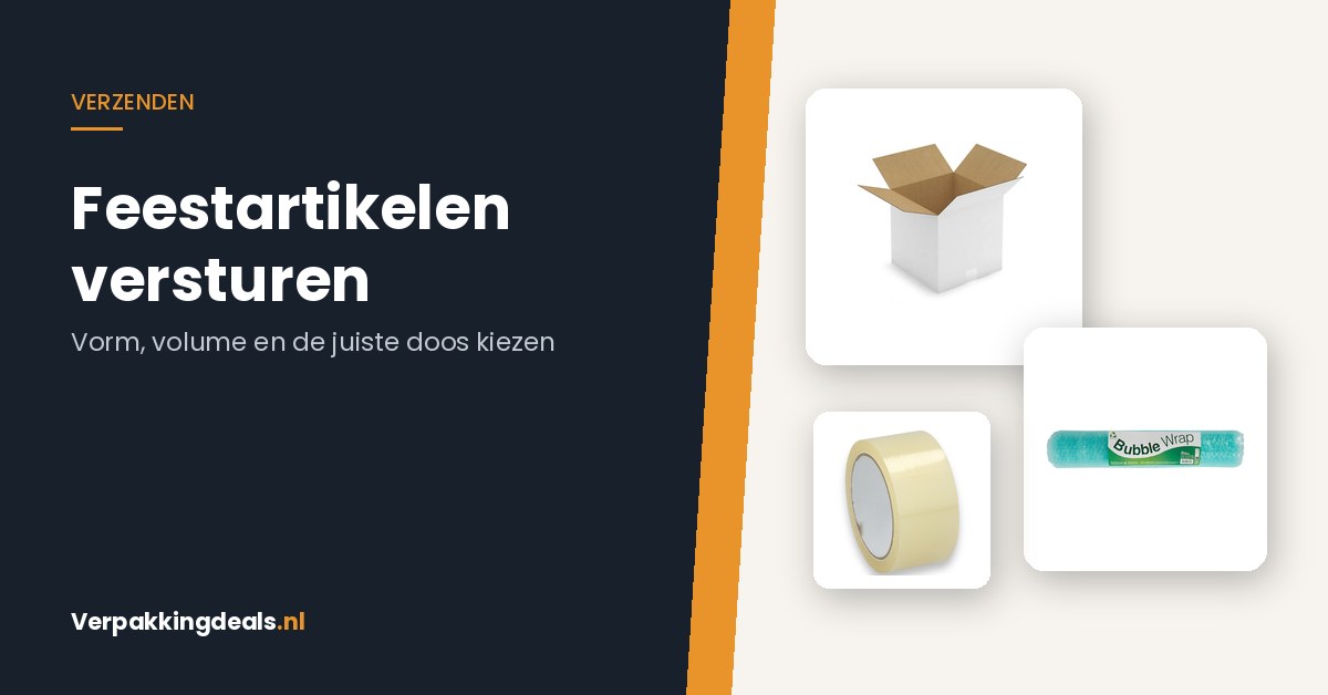Kartonnen verzenddoos, noppenfolie en verpakkingstape voor het versturen van feestartikelen
