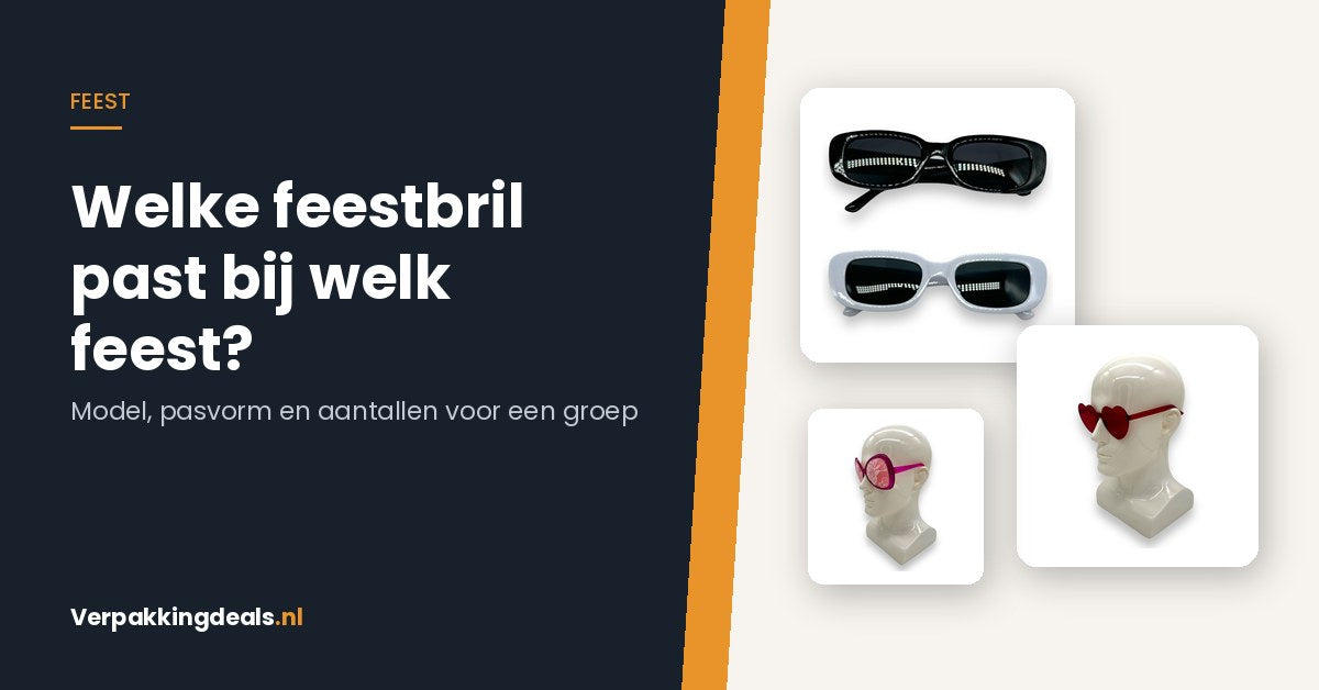 Zwarte zonnebril, hartvormige zonnebril en roze feestbril naast de tekst Welke feestbril past bij welk feest
