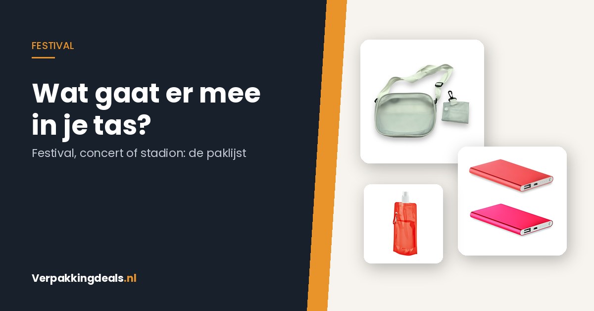 Doorzichtige festivaltas, opvouwbare drinkfles en compacte powerbank als basis voor een festivaltas