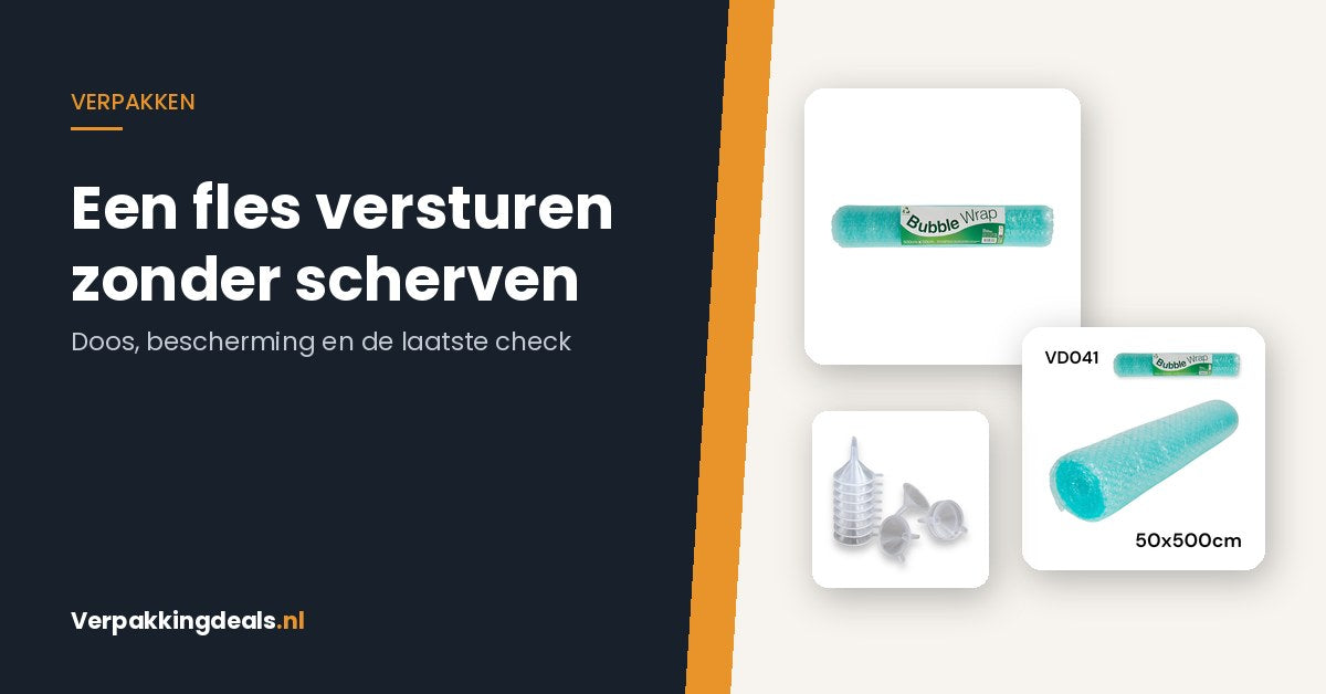 Rol noppenfolie, bubbeltjesplastic en mini-trechters bij de titel Een fles versturen zonder scherven