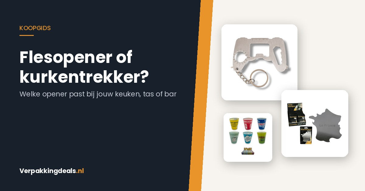 Flesopeners, kurkentrekkers en shotglaasjes naast elkaar - koopgids Verpakkingdeals.nl