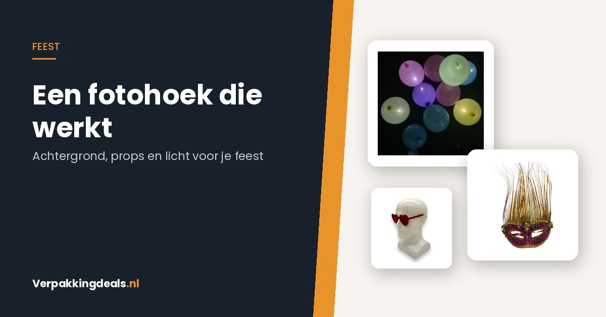 LED-ballonnen, een Venetiaans masker en een hartvormige zonnebril als props voor een fotohoek op een feest