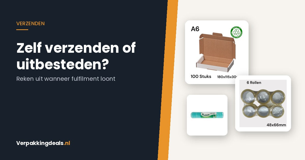 Brievenbusdozen, tape en noppenfolie naast de tekst Zelf verzenden of uitbesteden