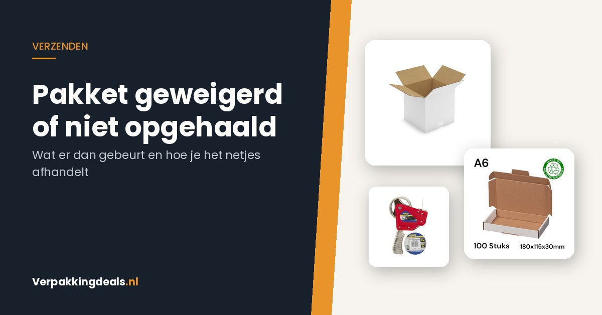 Verzenddoos, brievenbusdoos en tapedispenser bij een artikel over geweigerde en niet-opgehaalde pakketten