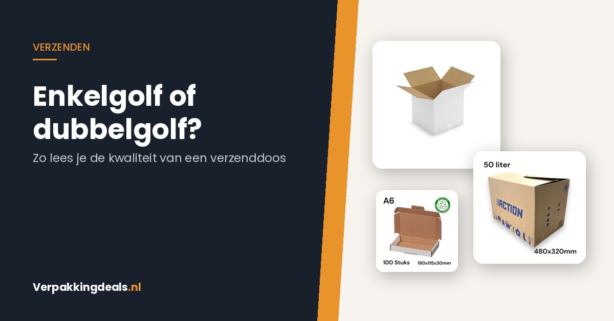 Kartonnen verzenddozen en een brievenbusdoos naast de titel Enkelgolf of dubbelgolf