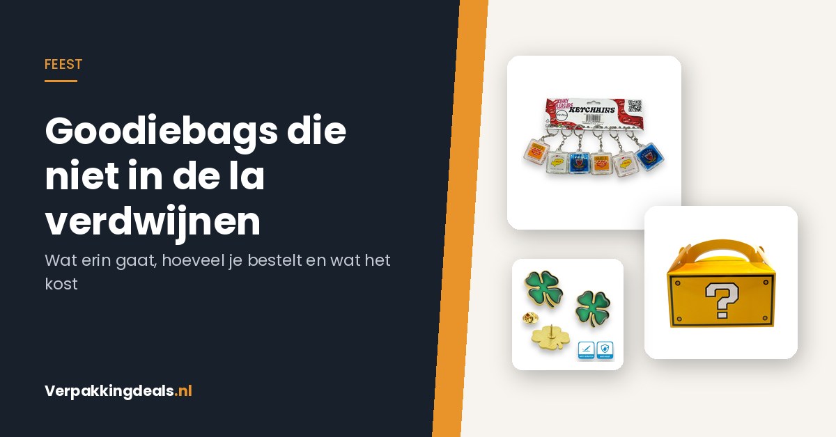 Sleutelhangers, een pin en een kartonnen traktatiedoos naast elkaar als inhoud voor een goodiebag