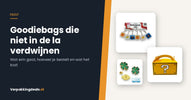 Sleutelhangers, een pin en een kartonnen traktatiedoos naast elkaar als inhoud voor een goodiebag