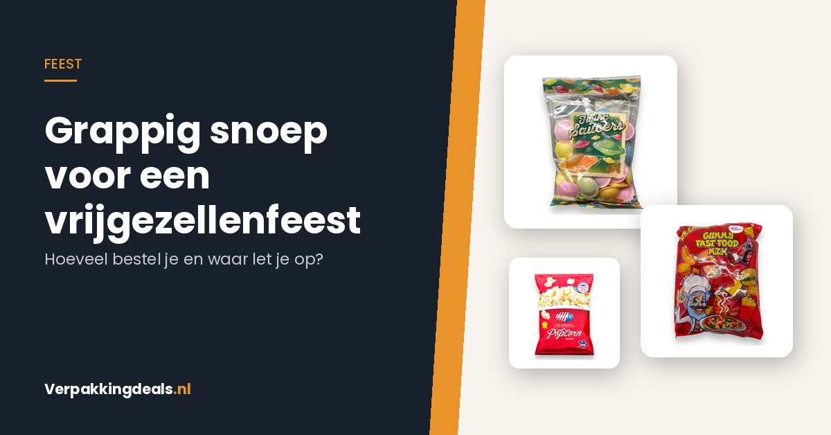 Zakjes snoep, gummy en popcorn naast de titel Grappig snoep voor een vrijgezellenfeest