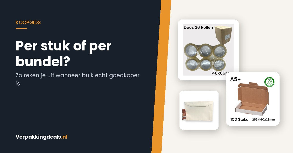 Doos met tape rollen, bundel brievenbusdozen en doos enveloppen als voorbeeld van grootverpakkingen