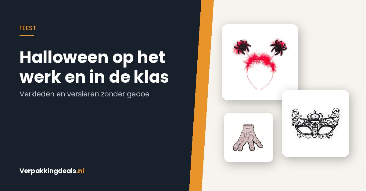 Halloween op het werk en in de klas: tiara met spin, Venetiaans masker en enamel pin