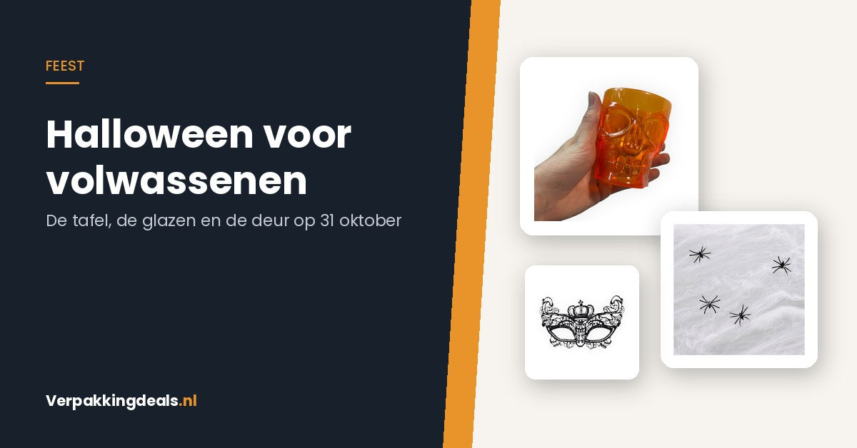 Halloween skeletglas, spinnenweb en Venetiaans masker bij de titel Halloween voor volwassenen