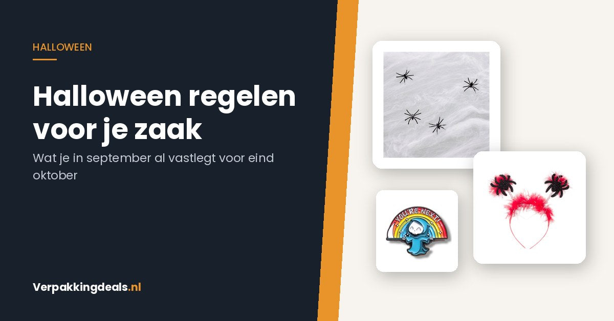 Halloween-artikelen voor winkel en horeca: spinnenweb, tiara met spin en metalen pin