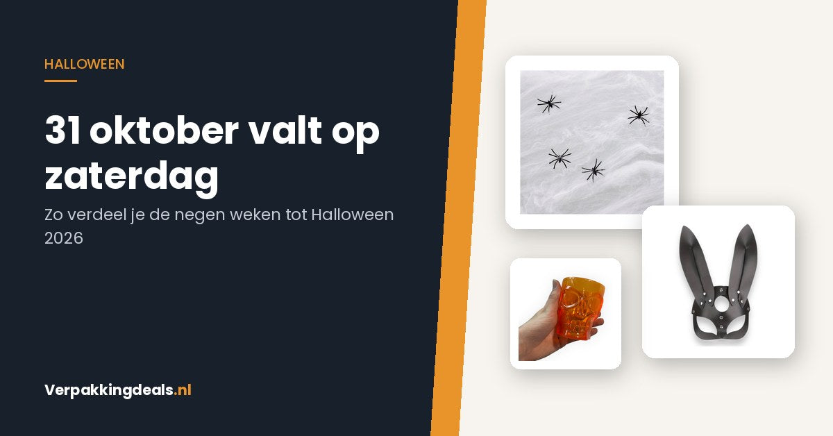 Halloweendecoratie: spinnenweb, masker en skeletglas met de tekst 31 oktober valt op zaterdag