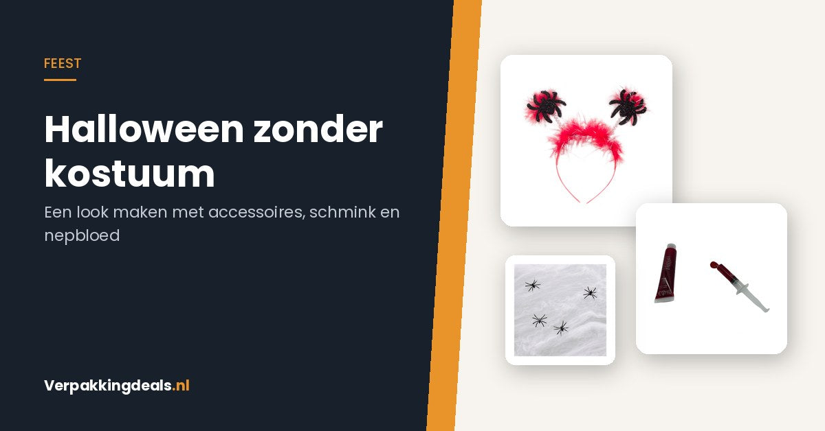 Halloween-tiara met spin, nepbloedset met spuit en een spinnenweb met spinnen