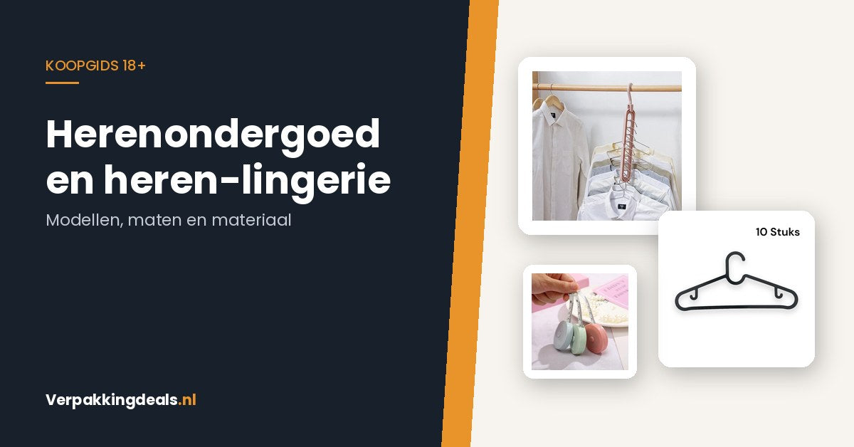 Kleerhangers en een meetlint naast de titel Herenondergoed en heren-lingerie