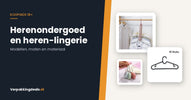Kleerhangers en een meetlint naast de titel Herenondergoed en heren-lingerie
