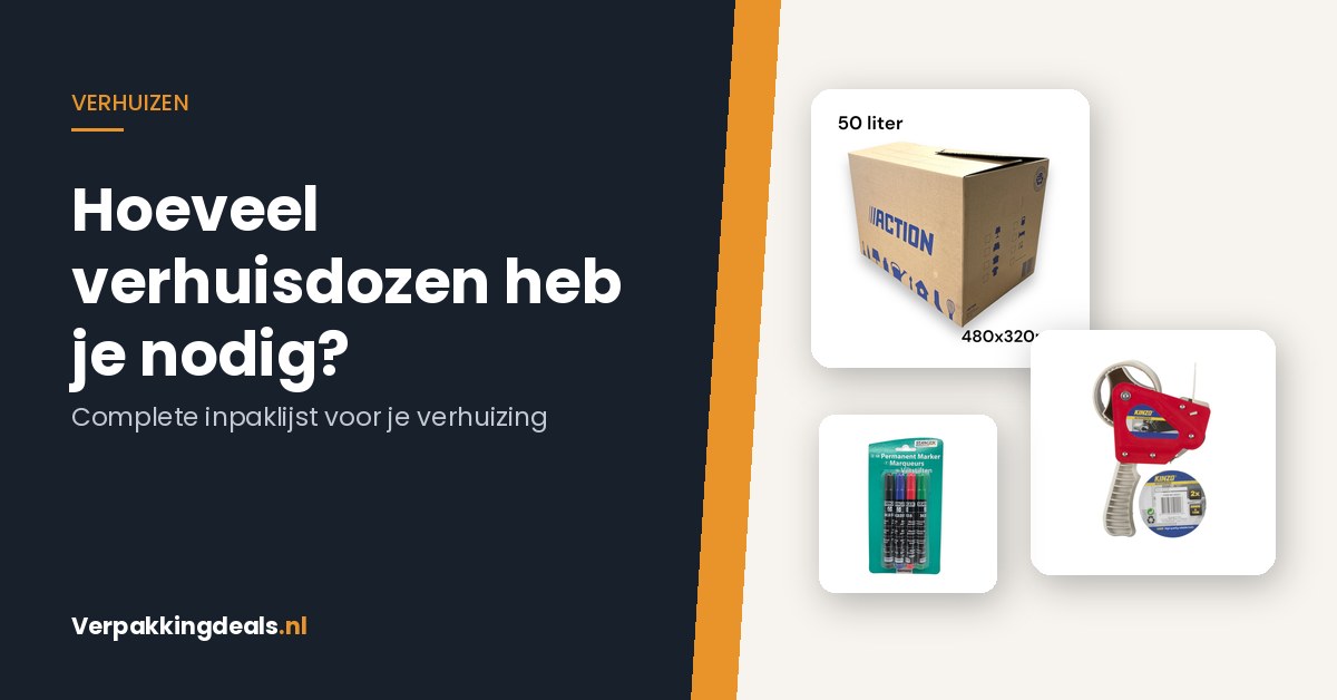 Verhuisdoos van 50 liter, tape dispenser en permanente markers voor je verhuizing