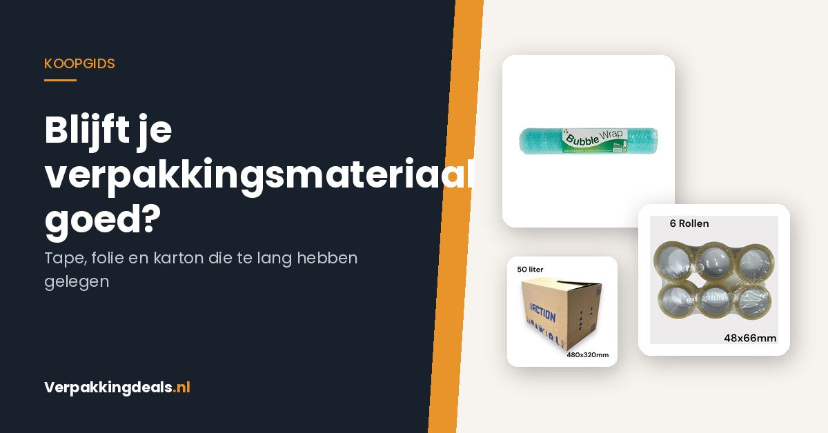 Noppenfolie, tape rollen en een verhuisdoos naast de tekst Blijft je verpakkingsmateriaal goed