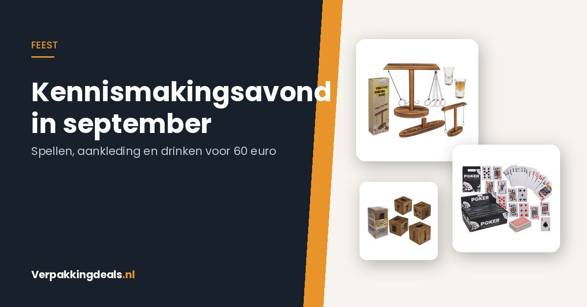 Ringspel, speelkaarten en grote dobbelstenen naast de titel kennismakingsavond in september