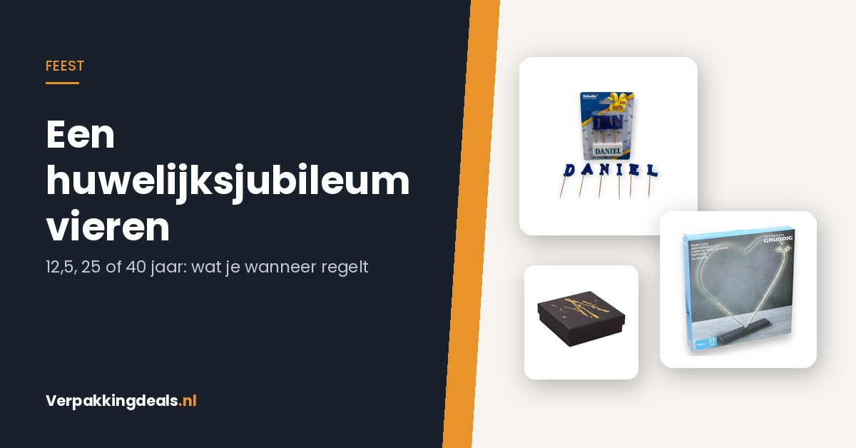 Naamkaars, hartvormig LED-licht en luxe cadeaudoosje bij de titel Een huwelijksjubileum vieren