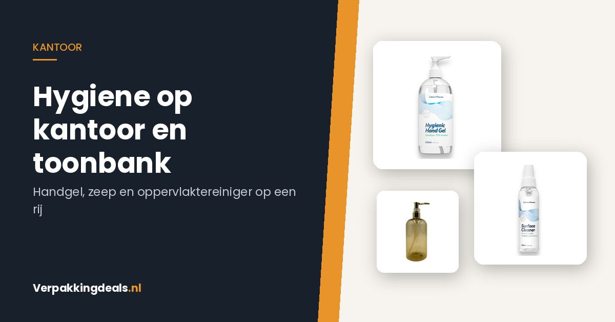 Hygiëneproducten voor kantoor en toonbank: desinfecterende handgel, oppervlaktereiniger en navulbare zeepdispenser