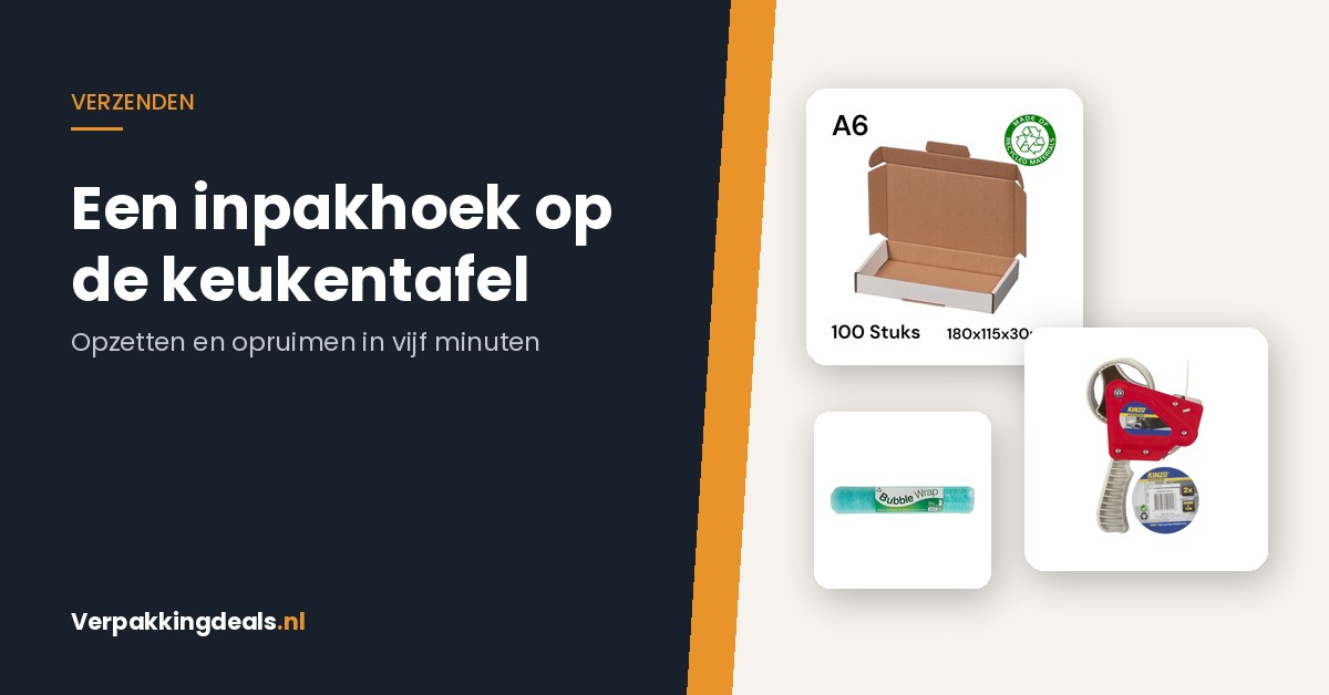 Brievenbusdoos, tapedispenser en noppenfolie voor een compacte inpakhoek thuis