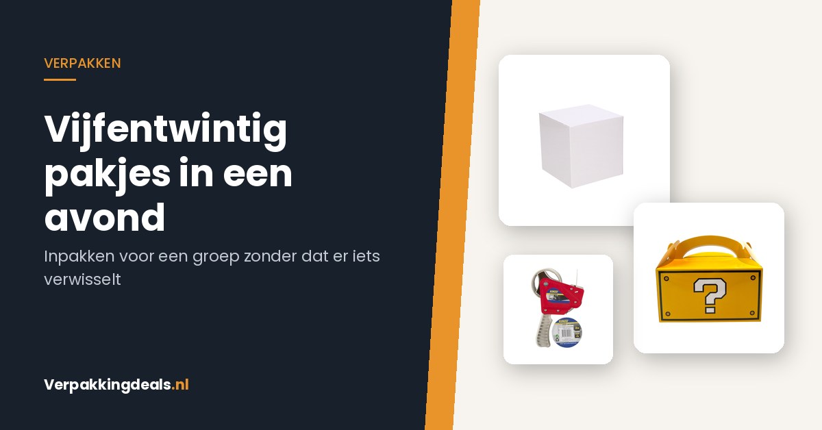 Cadeaudozen, traktatiedoos met handvat en tapedispenser naast de tekst Vijfentwintig pakjes in een avond