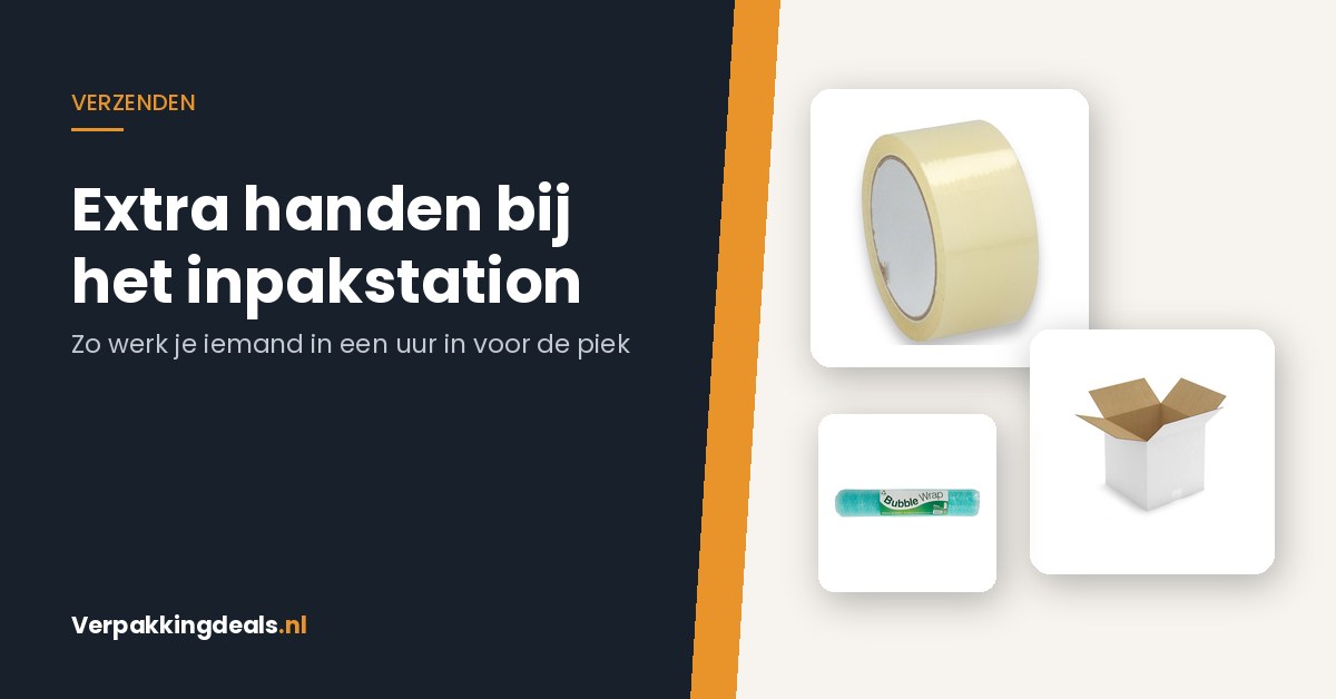 Verpakkingstape, verzenddoos en noppenfolie op een inpakstation