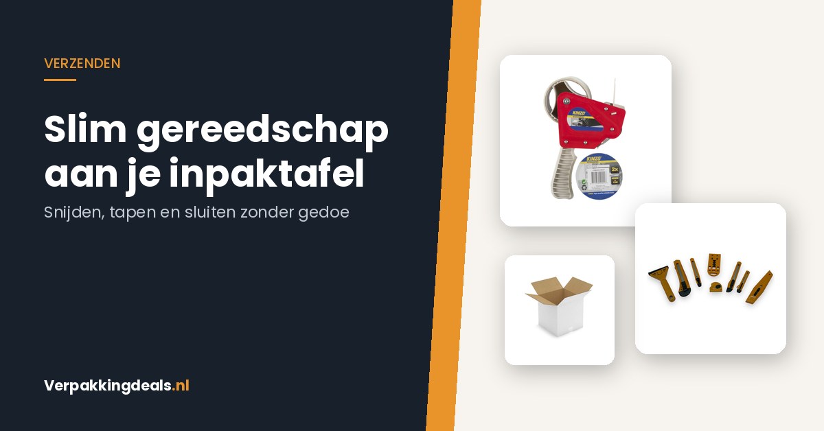 Tapedispenser, magazijnmesjes en een kartonnen verzenddoos op een inpaktafel