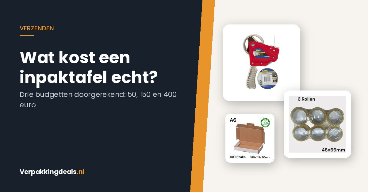 Tapedispenser, rollen verpakkingstape en brievenbusdozen voor een inpaktafel