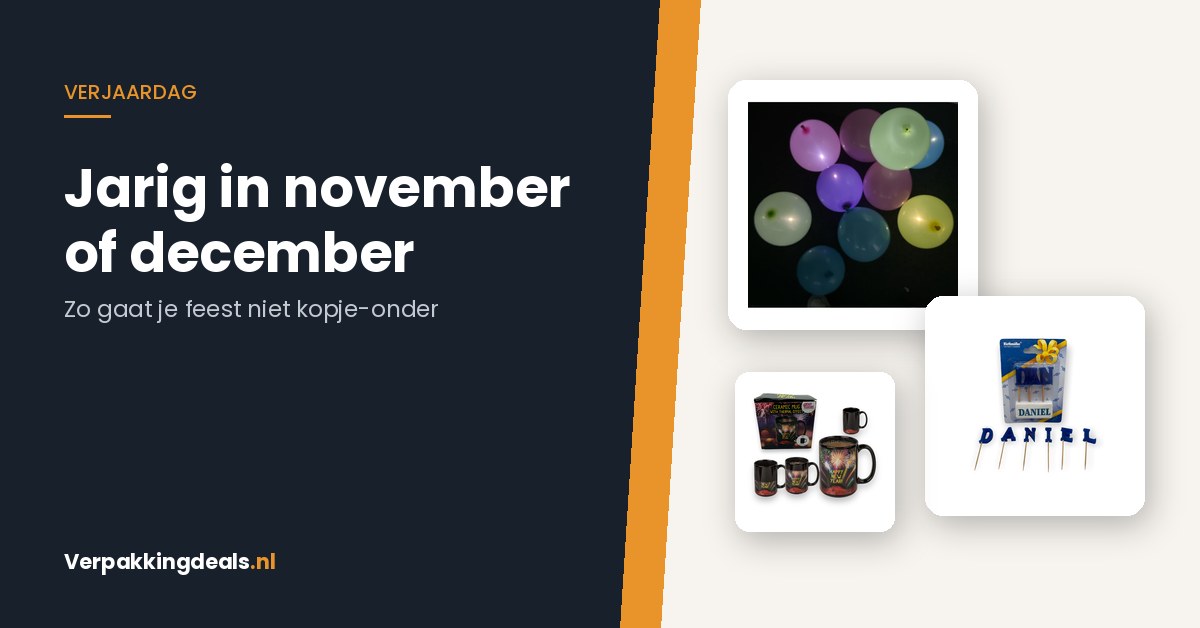 Verjaardagsartikelen voor een feest in november of december: LED-ballonnen, naamkaarsjes en een mok