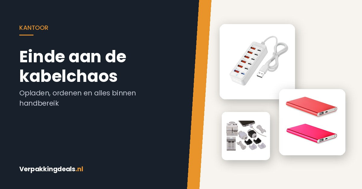 USB-oplaadstation, powerbank en kabelbeschermers voor een opgeruimd bureau