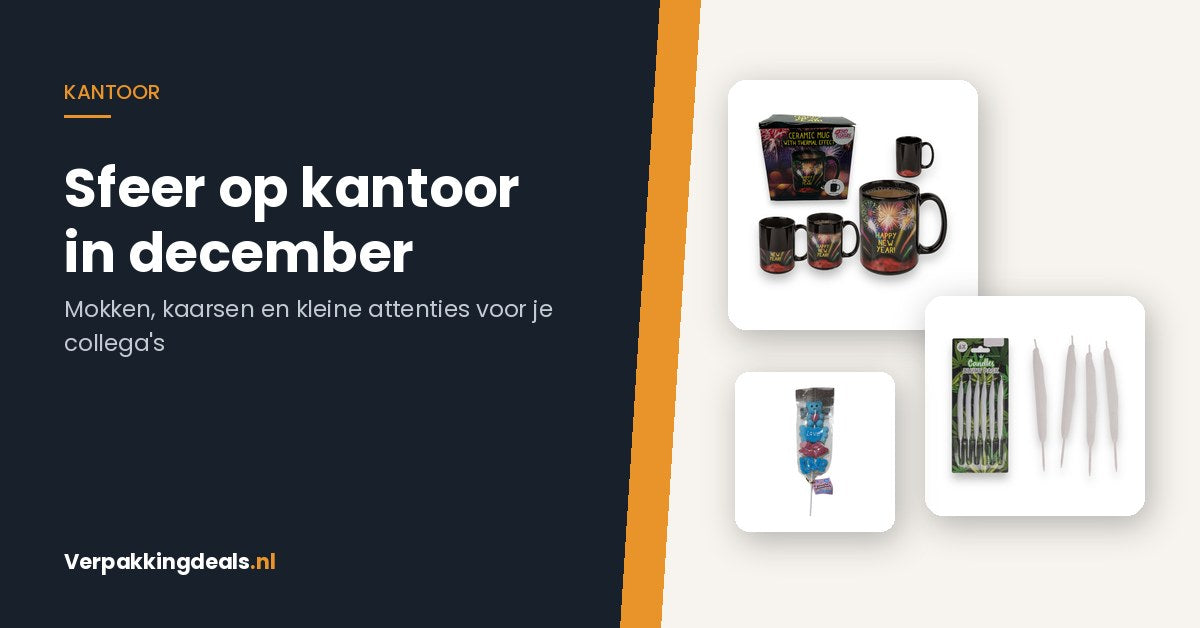 Sfeer op kantoor in december met mokken kaarsen en kleine attenties