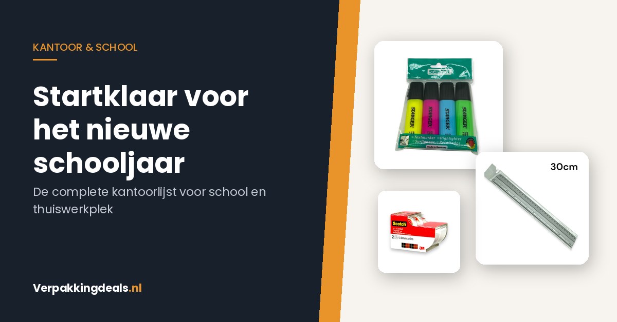 Markeerstiften, aluminium liniaal en plakbandhouder voor kantoor en school